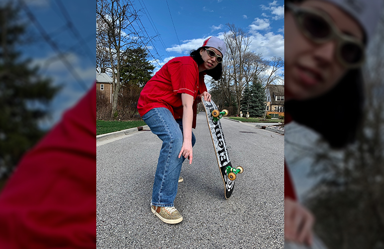 dressed like Tony Hawk Pro Skater